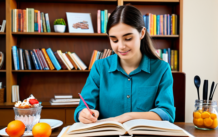 Dessert Study Session**

A young adult, fully clothed in modest casual wear, studying dessert recipes at a bright desk. The desk is covered with open cookbooks featuring colorful dessert photography. Background shows a cozy room with bookshelves. Safe for work, appropriate content, professional study environment, perfect anatomy, correct proportions, well-formed hands, proper finger count, natural pose, high quality.

**