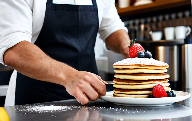Souffle Pancake Cafe Scene**
"A brightly lit cafe scene featuring a fully clothed barista serving a stack of fluffy souffle pancakes topped with fresh fruit and powdered sugar, presented on a clean, modern countertop, professional setting, appropriate content, safe for work, perfect anatomy, correct proportions, natural pose, well-formed hands, proper finger count, natural body proportions, high quality."
**