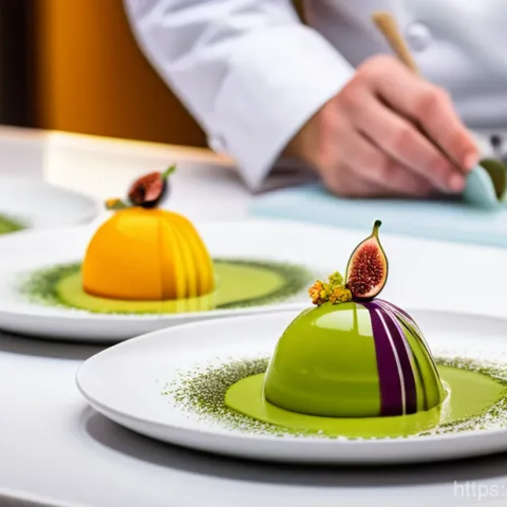 디저트 전문가의 글로벌 네트워크 활용 - A professional pastry chef, wearing a clean white chef's jacket and apron, meticulously garnishes an...