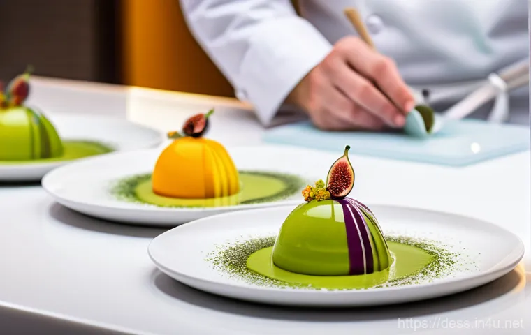 디저트 전문가의 글로벌 네트워크 활용 - A professional pastry chef, wearing a clean white chef's jacket and apron, meticulously garnishes an...