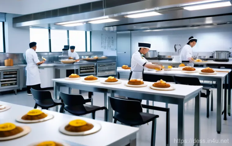 디저트 전문가의 글로벌 네트워크 활용 - A professional pastry chef, wearing a clean white chef's jacket and apron, meticulously garnishes an...