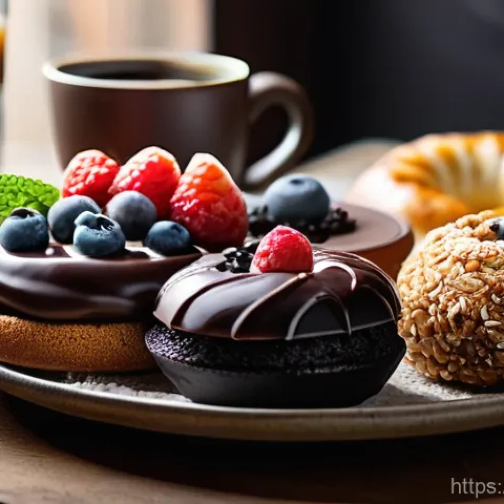 디저트 전문가의 비건 디저트 개발법 - A beautifully arranged platter of diverse vegan desserts on a rustic wooden table, bathed in soft, w...