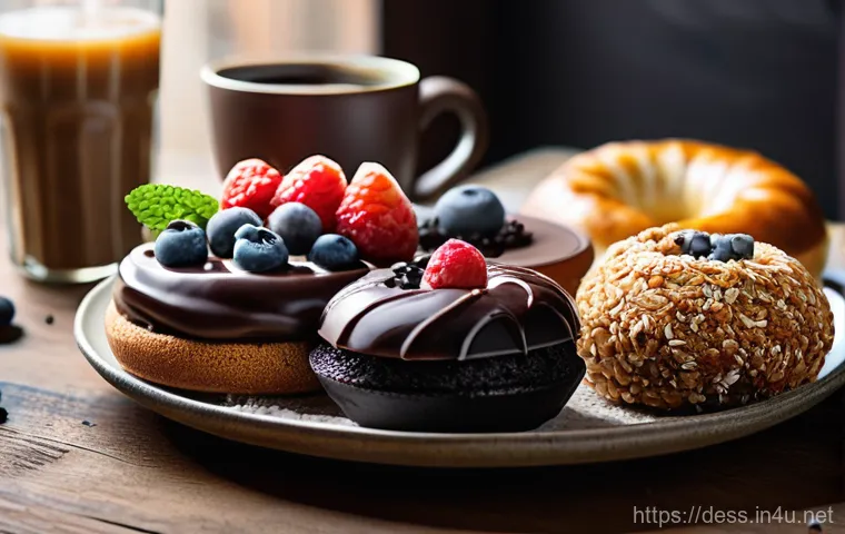 디저트 전문가의 비건 디저트 개발법 - A beautifully arranged platter of diverse vegan desserts on a rustic wooden table, bathed in soft, w...