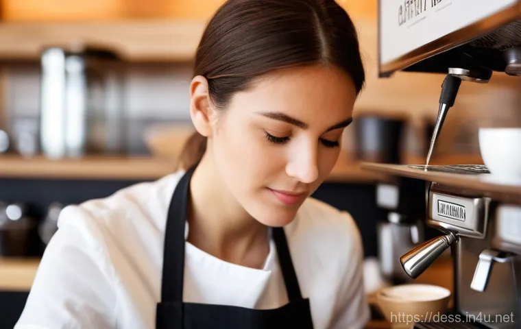 디저트 전문가의 자격증 종류 비교 - **Image Prompt 1: The Art of Barista's Latte**
    A close-up, medium shot of a skilled female baris...