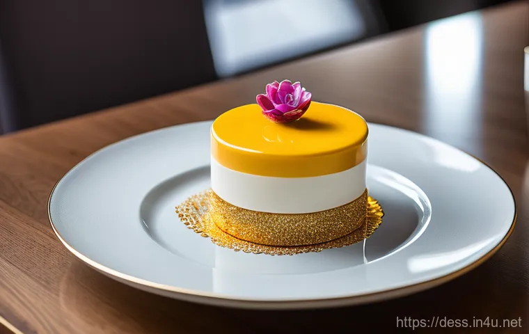 디저트 전문가의 유명 레스토랑 메뉴 분석 - A haute couture-inspired dessert, impeccably presented on fine china in a luxurious, minimalist sett...