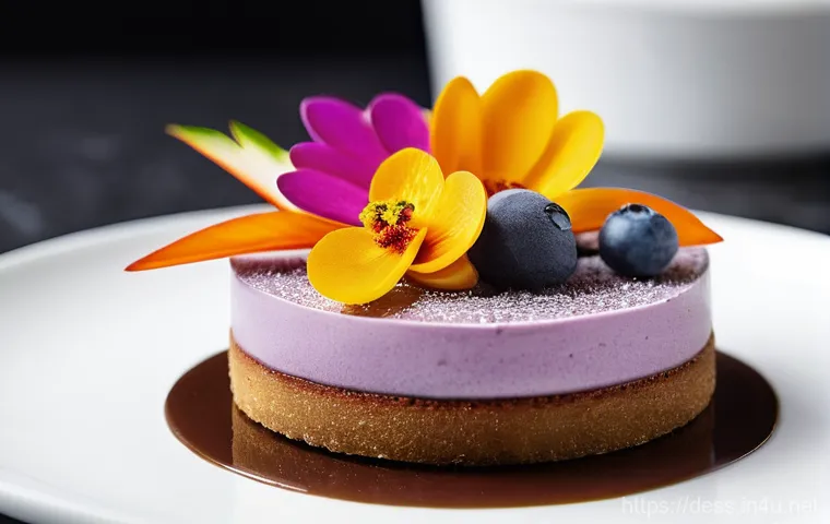디저트 전문가의 글로벌 워크숍 후기 - **Prompt:** A vibrant, close-up shot of an elegant dessert spread at a high-end global culinary work...