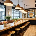 Home 19 디저트 전문가의 해외 취업 가능성 - **Prompt:** A bustling, sun-drenched modern Korean dessert cafe with a blend of minimalist design an...