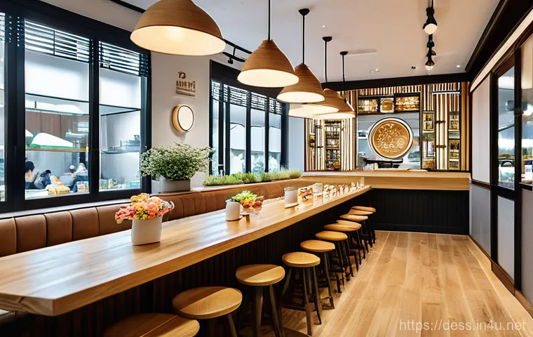 디저트 전문가의 해외 취업 가능성 - **Prompt:** A bustling, sun-drenched modern Korean dessert cafe with a blend of minimalist design an...