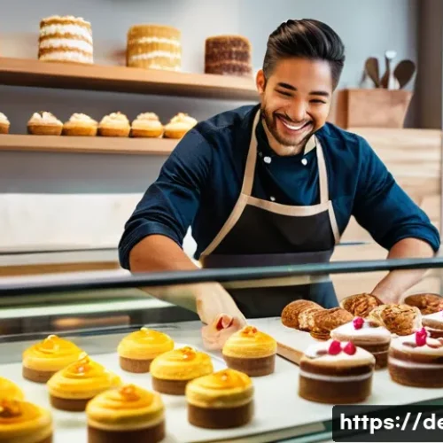 Home 28 디저트 전문가의 재고 관리 팁 - A warm and inviting dessert shop interior with a modern-rustic aesthetic. In the foreground, a baker...