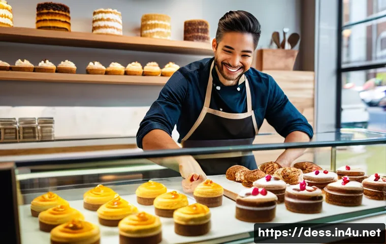 디저트 전문가의 재고 관리 팁 - A warm and inviting dessert shop interior with a modern-rustic aesthetic. In the foreground, a baker...
