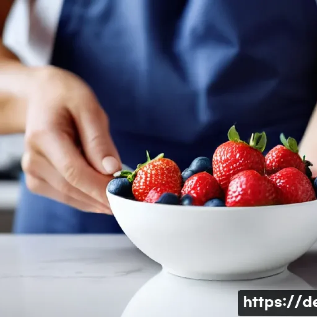 디저트 전문가의 위생 관리 팁 - **Prompt:** A close-up shot of a baker's hands, impeccably clean, meticulously selecting vibrant, fr...