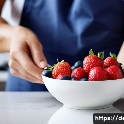 Home 27 디저트 전문가의 위생 관리 팁 - **Prompt:** A close-up shot of a baker's hands, impeccably clean, meticulously selecting vibrant, fr...