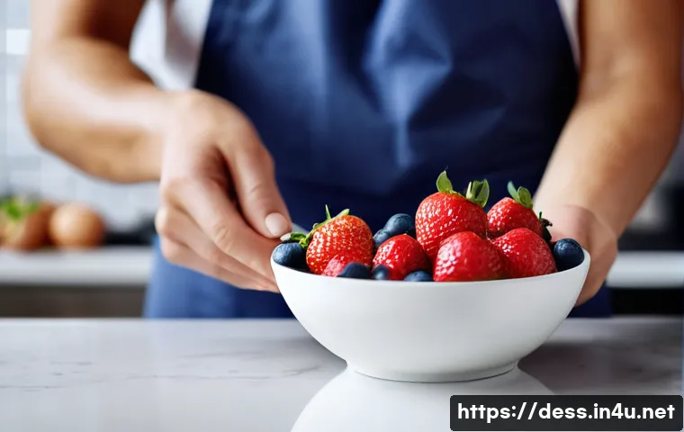 디저트 전문가의 위생 관리 팁 - **Prompt:** A close-up shot of a baker's hands, impeccably clean, meticulously selecting vibrant, fr...